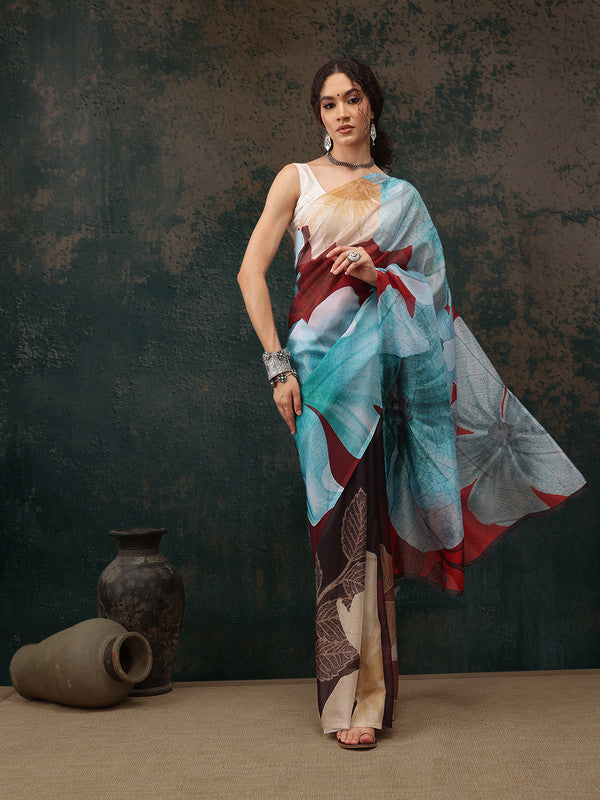 Brown Polyester Digital Print Floral Saree with Unstitched Blouse - Hiral Fashion