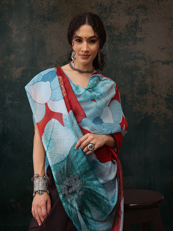 Brown Polyester Digital Print Floral Saree with Unstitched Blouse - Hiral Fashion