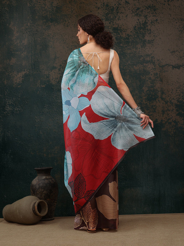 Brown Polyester Digital Print Floral Saree with Unstitched Blouse - Hiral Fashion