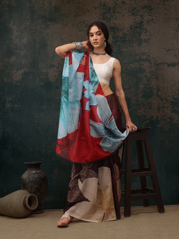 Brown Polyester Digital Print Floral Saree with Unstitched Blouse - Hiral Fashion