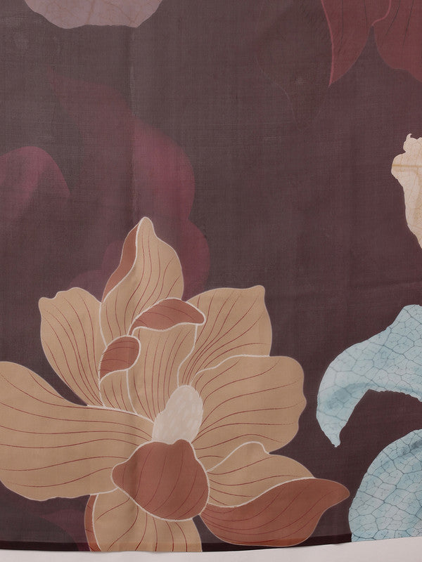 Brown Polyester Digital Print Floral Saree with Unstitched Blouse - Hiral Fashion