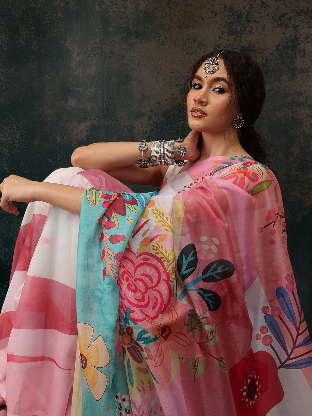 Multicolor Polyester Digital Print Floral Saree with Unstitched Blouse - Hiral Fashion