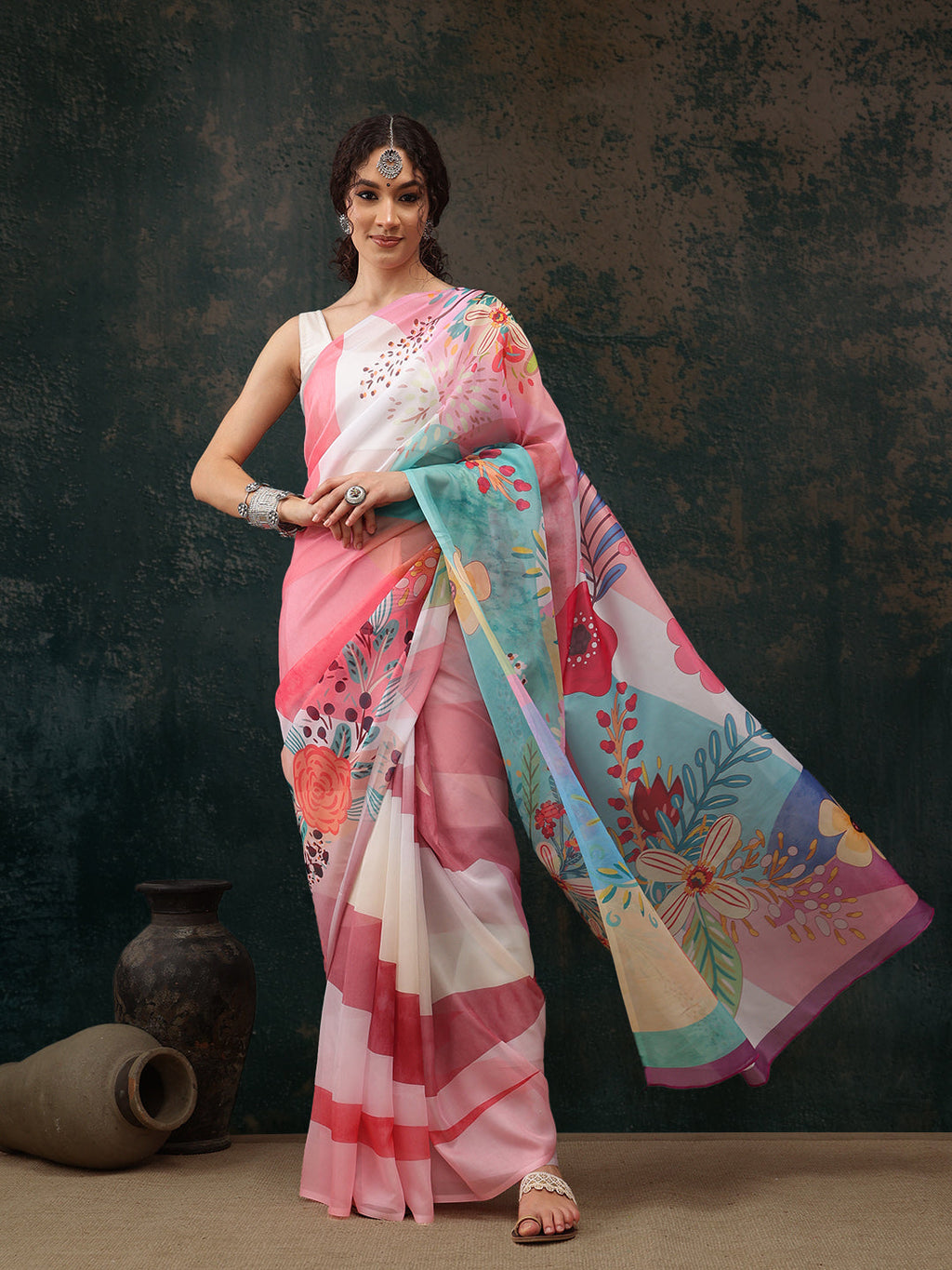 Multicolor Polyester Digital Print Floral Saree with Unstitched Blouse - Hiral Fashion