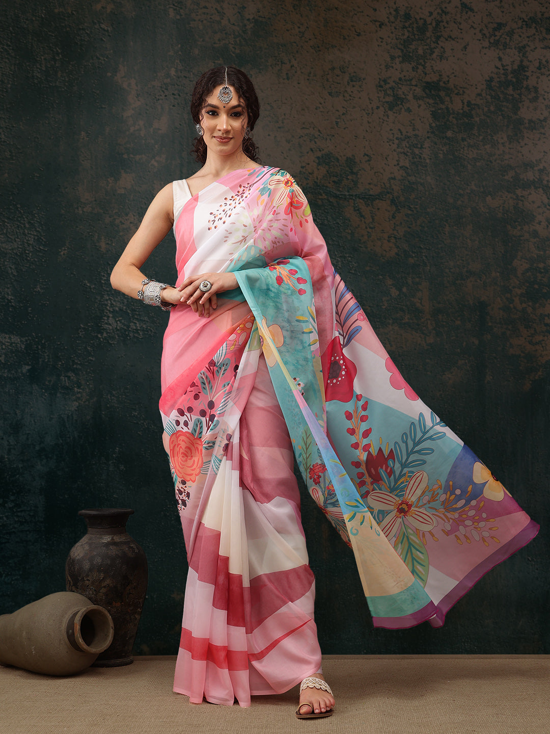 Multicolor Polyester Digital Print Floral Saree with Unstitched Blouse - Hiral Fashion