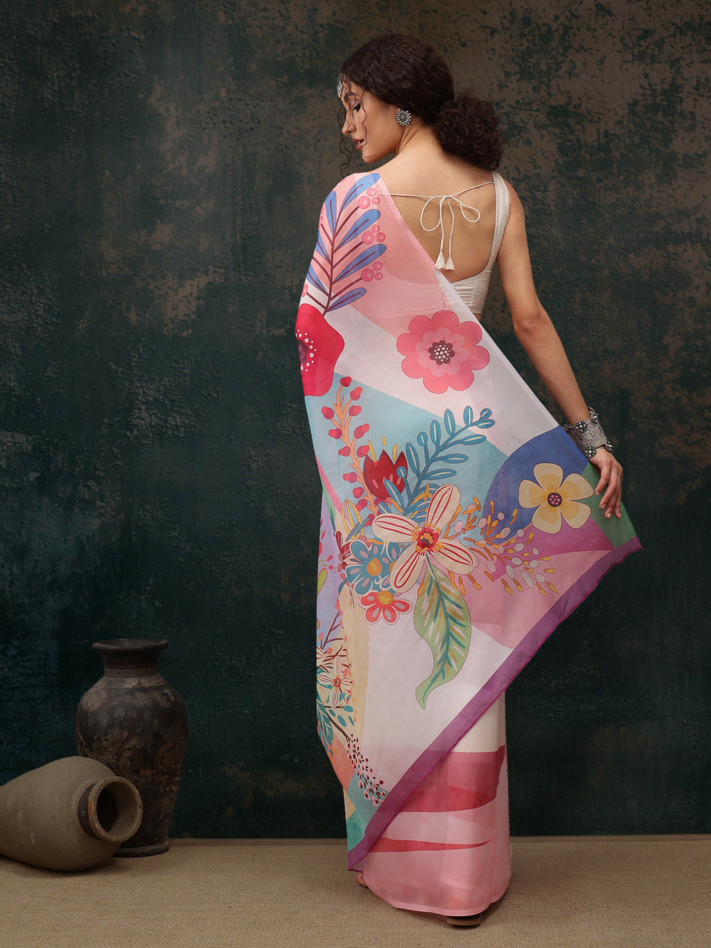 Multicolor Polyester Digital Print Floral Saree with Unstitched Blouse - Hiral Fashion