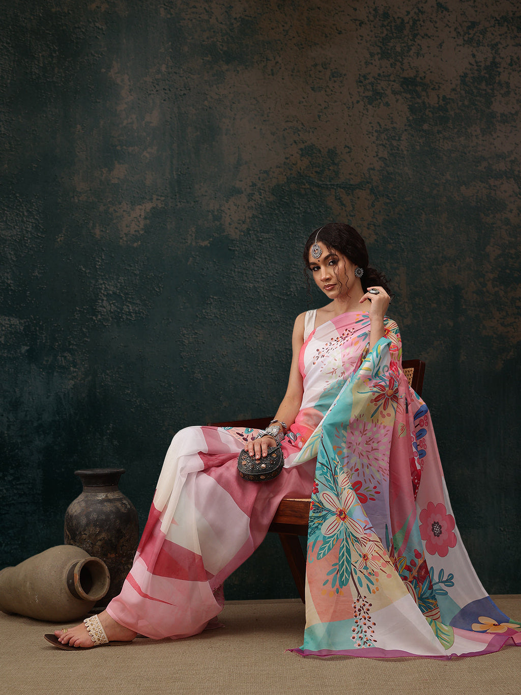 Multicolor Polyester Digital Print Floral Saree with Unstitched Blouse - Hiral Fashion