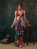 Gray Polyester Digital Print Floral Saree with Unstitched Blouse - Hiral Fashion