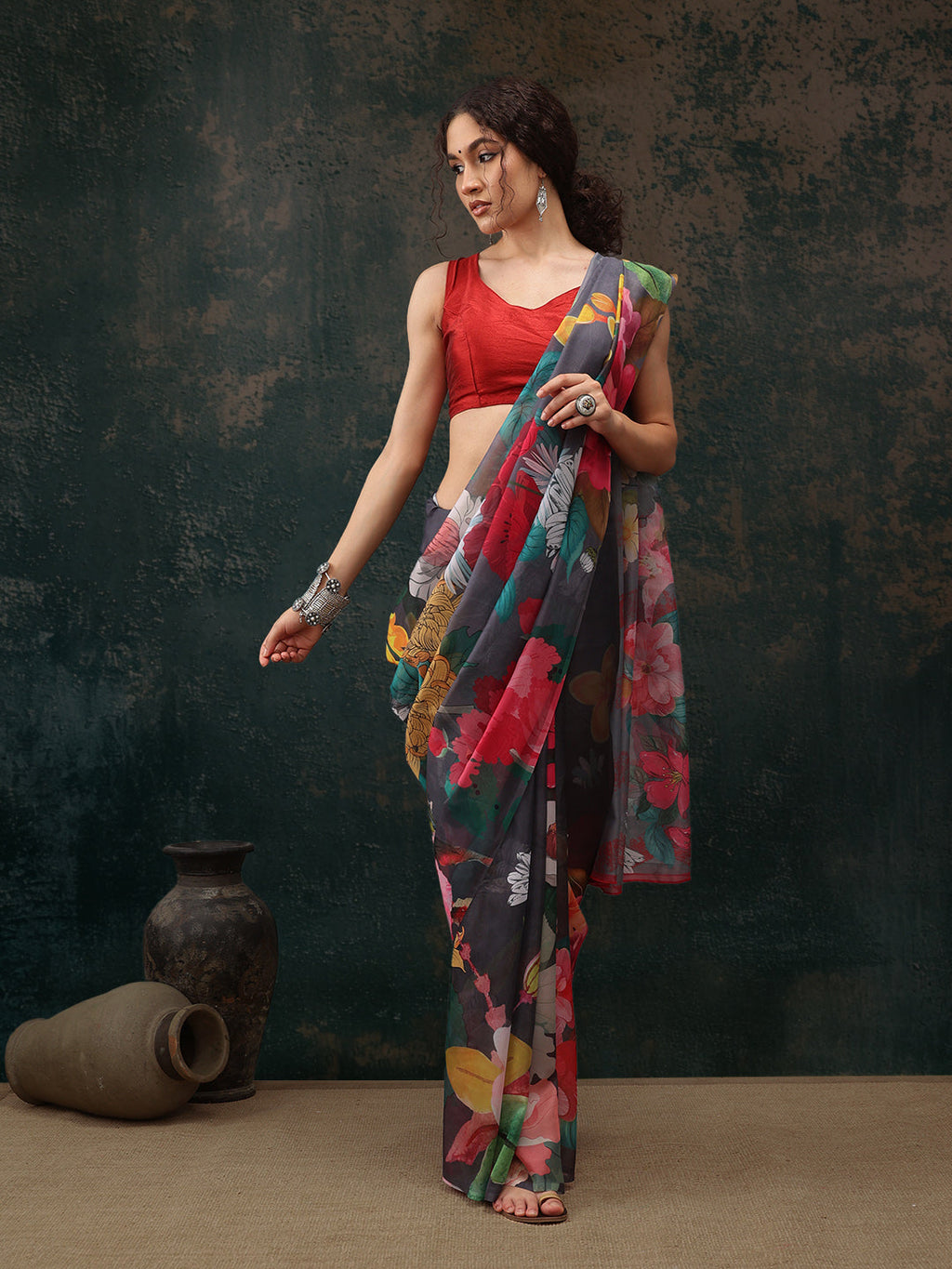 Gray Polyester Digital Print Floral Saree with Unstitched Blouse - Hiral Fashion