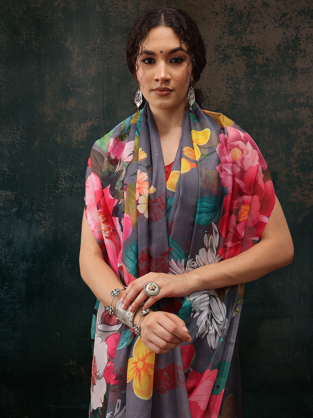 Gray Polyester Digital Print Floral Saree with Unstitched Blouse - Hiral Fashion