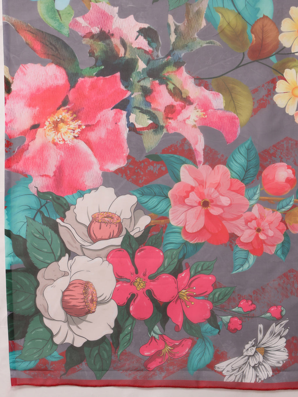 Gray Polyester Digital Print Floral Saree with Unstitched Blouse - Hiral Fashion