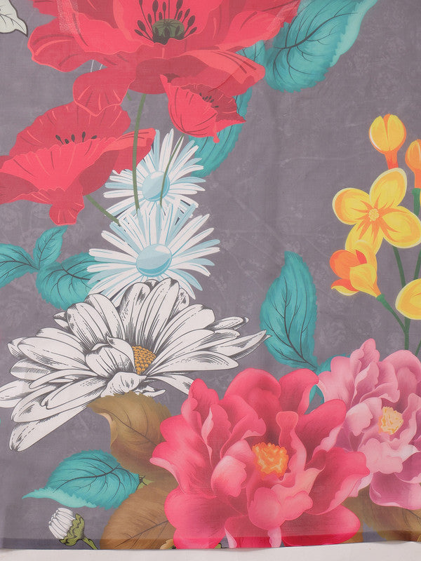 Gray Polyester Digital Print Floral Saree with Unstitched Blouse - Hiral Fashion