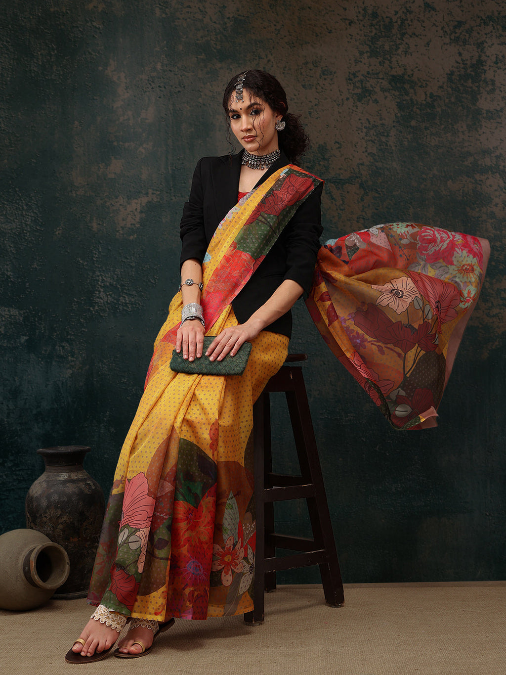 Mustard Polyester Digital Print Floral Saree with Unstitched Blouse - Hiral Fashion