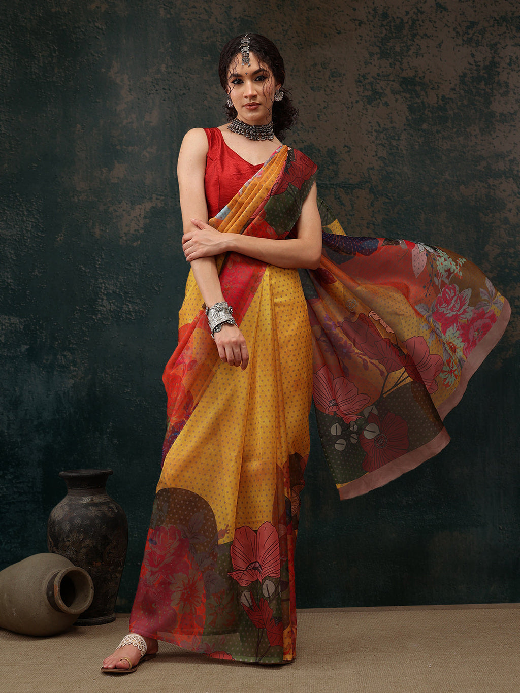 Mustard Polyester Digital Print Floral Saree with Unstitched Blouse - Hiral Fashion
