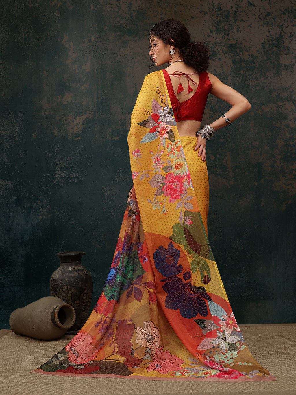 Mustard Polyester Digital Print Floral Saree with Unstitched Blouse - Hiral Fashion