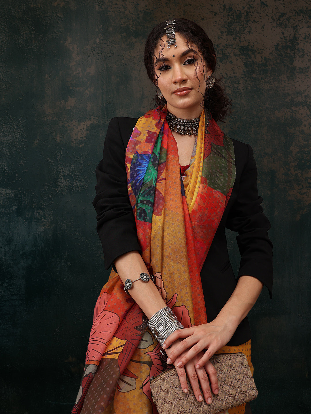 Mustard Polyester Digital Print Floral Saree with Unstitched Blouse - Hiral Fashion
