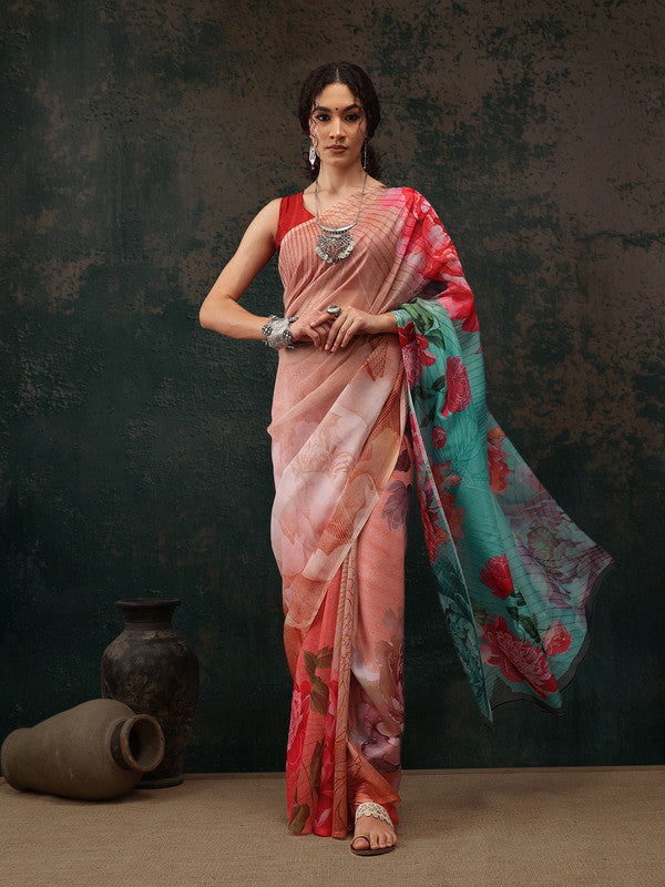 Multicolor Polyester Digital Print Floral Saree with Unstitched Blouse - Hiral Fashion