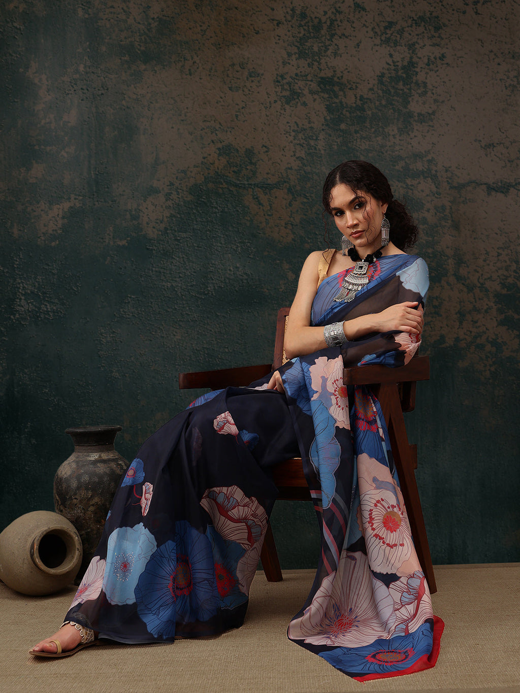 Navy Blue Polyester Digital Print Floral Saree with Unstitched Blouse - Hiral Fashion