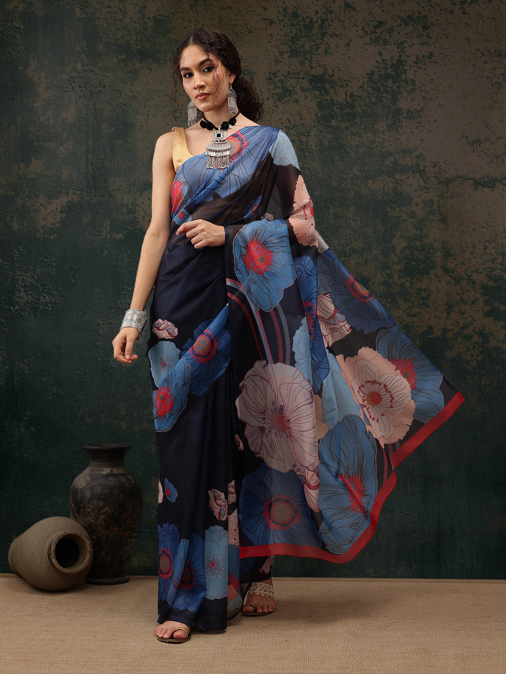 Navy Blue Polyester Digital Print Floral Saree with Unstitched Blouse - Hiral Fashion