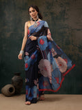 Navy Blue Polyester Digital Print Floral Saree with Unstitched Blouse - Hiral Fashion
