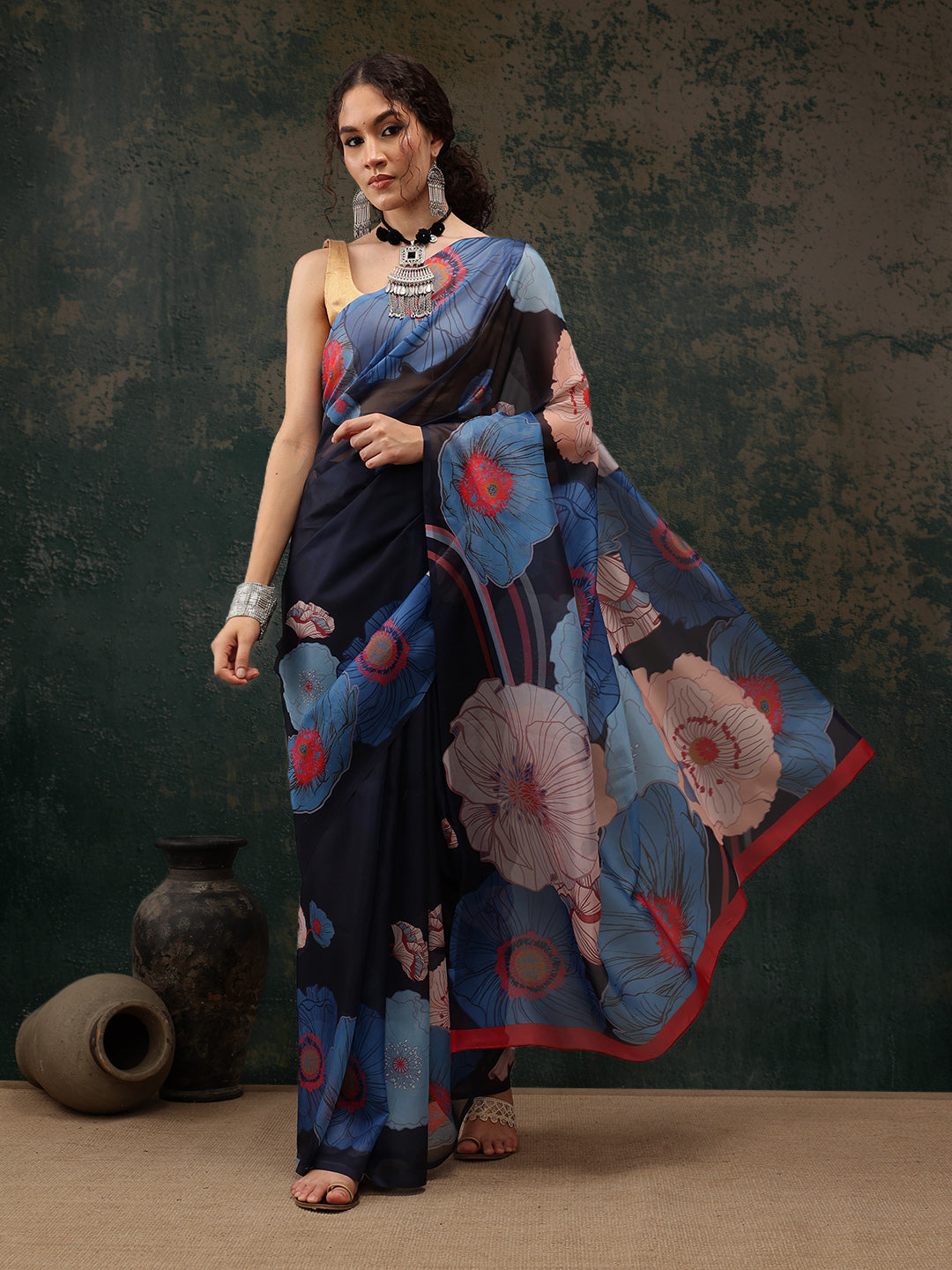 Navy Blue Polyester Digital Print Floral Saree with Unstitched Blouse - Hiral Fashion
