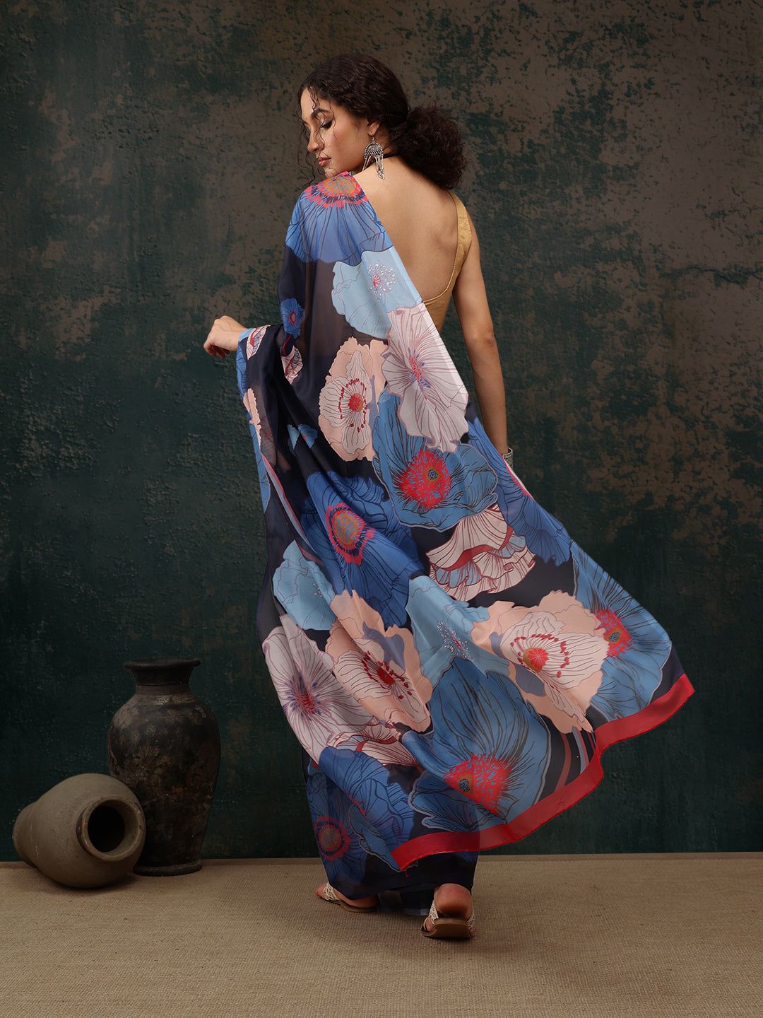 Navy Blue Polyester Digital Print Floral Saree with Unstitched Blouse - Hiral Fashion