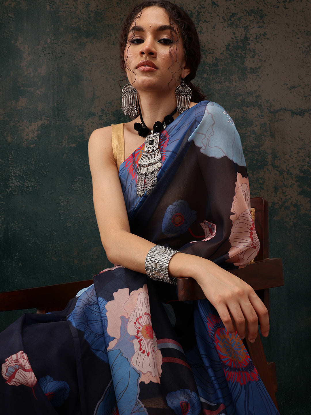 Navy Blue Polyester Digital Print Floral Saree with Unstitched Blouse - Hiral Fashion