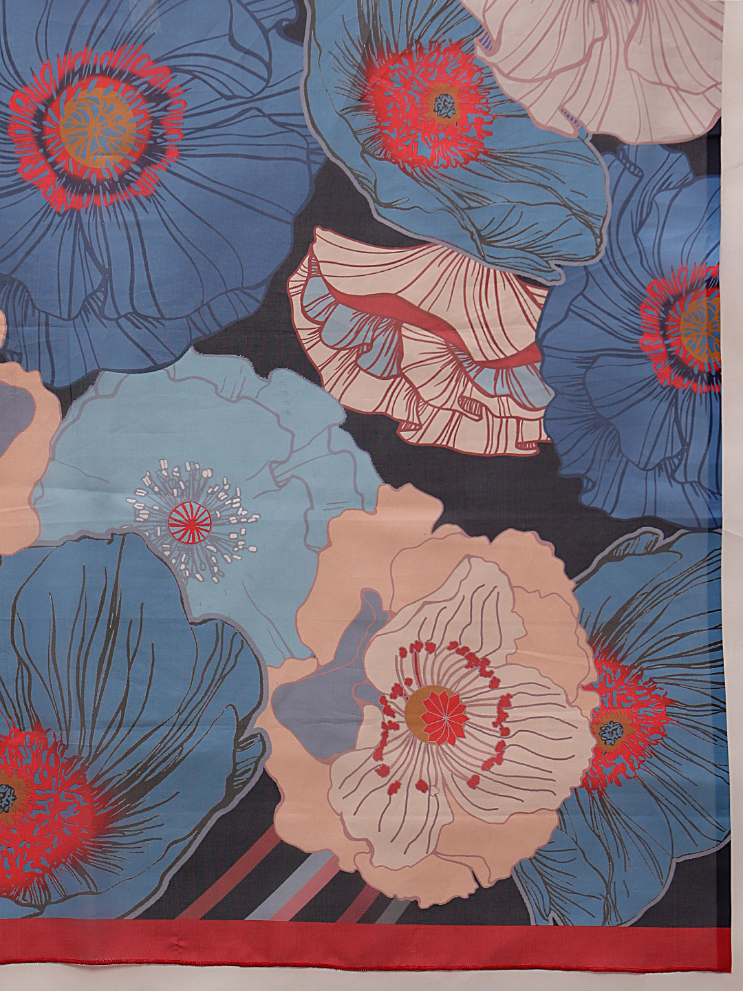 Navy Blue Polyester Digital Print Floral Saree with Unstitched Blouse - Hiral Fashion