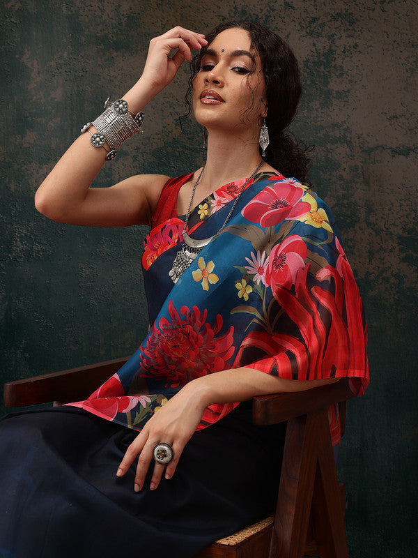 Royal Blue Polyester Digital Print Floral Saree with Unstitched Blouse - Hiral Fashion