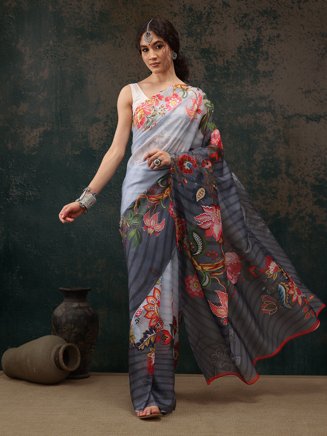 Sky Blue Polyester Digital Print Floral Saree with Unstitched Blouse - Hiral Fashion
