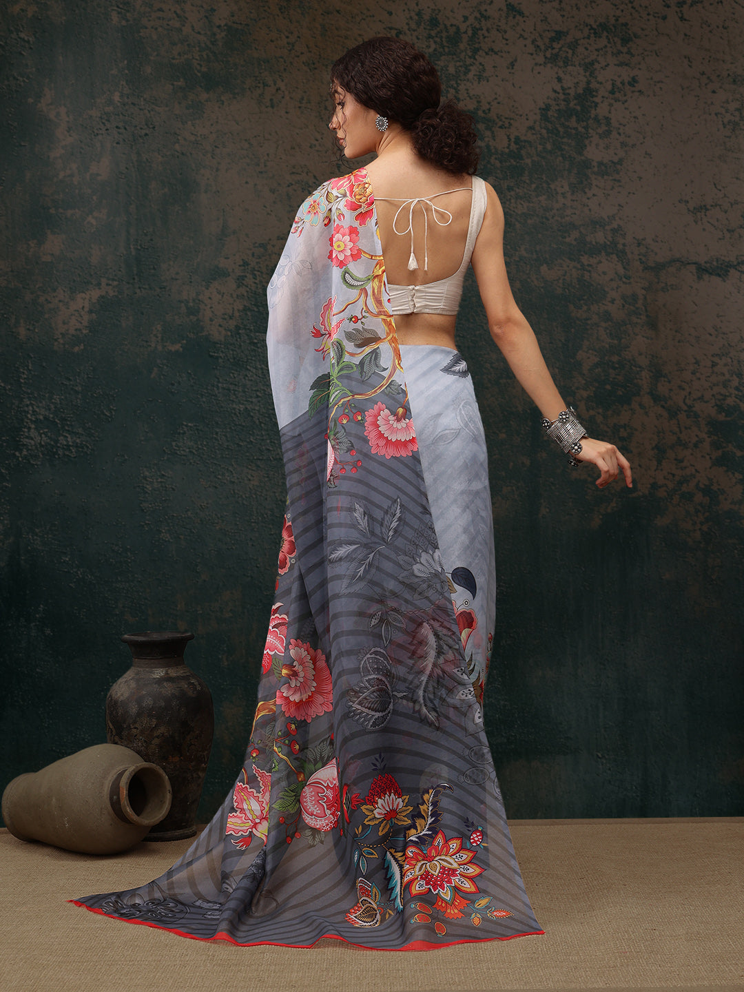 Sky Blue Polyester Digital Print Floral Saree with Unstitched Blouse - Hiral Fashion