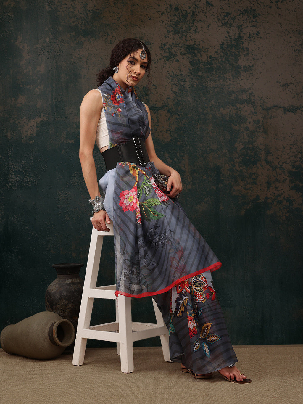 Sky Blue Polyester Digital Print Floral Saree with Unstitched Blouse - Hiral Fashion