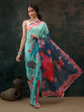 Turquoise Polyester Digital Print Floral Saree with Unstitched Blouse - Hiral Fashion