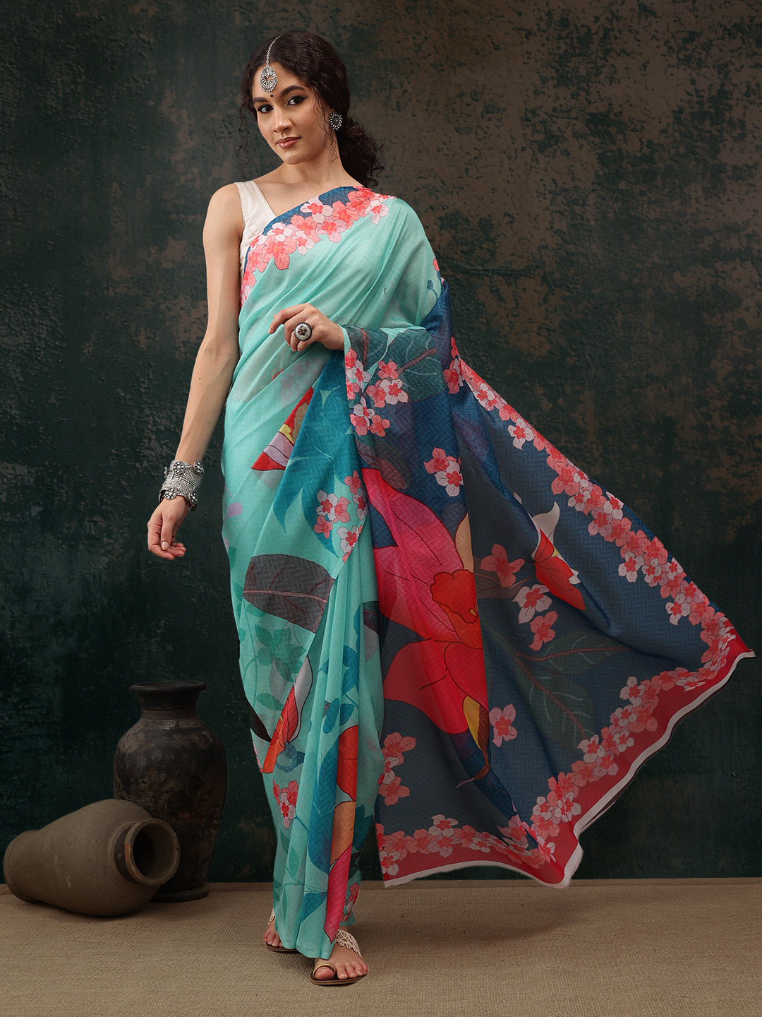 Turquoise Polyester Digital Print Floral Saree with Unstitched Blouse - Hiral Fashion