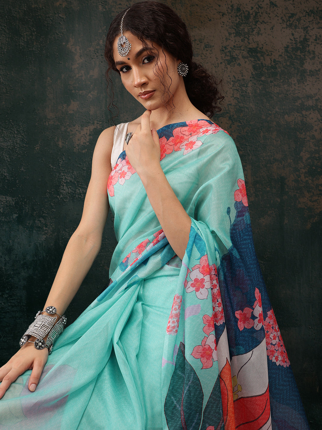 Turquoise Polyester Digital Print Floral Saree with Unstitched Blouse - Hiral Fashion
