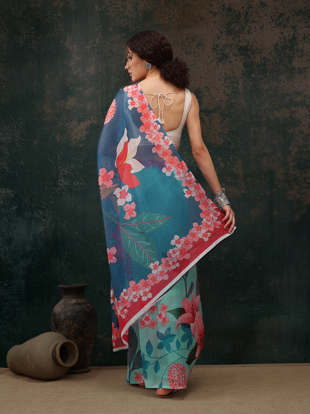 Turquoise Polyester Digital Print Floral Saree with Unstitched Blouse - Hiral Fashion