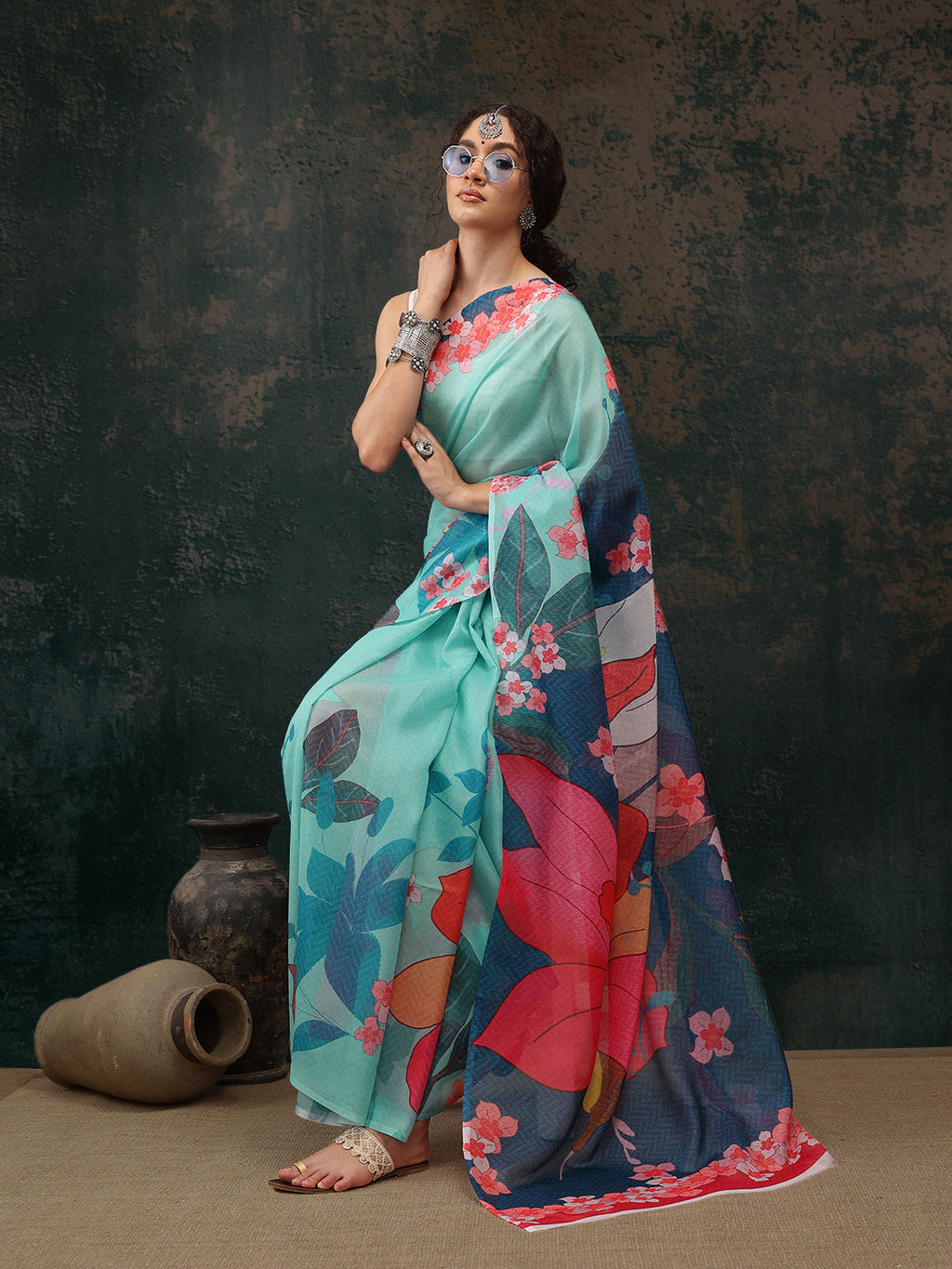 Turquoise Polyester Digital Print Floral Saree with Unstitched Blouse - Hiral Fashion