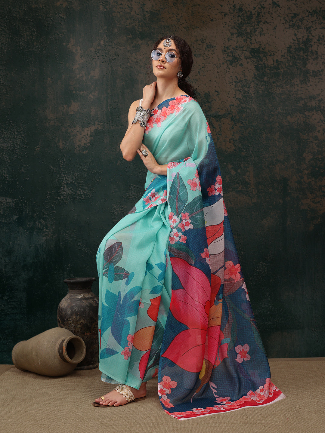 Turquoise Polyester Digital Print Floral Saree with Unstitched Blouse - Hiral Fashion