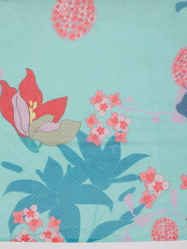 Turquoise Polyester Digital Print Floral Saree with Unstitched Blouse - Hiral Fashion