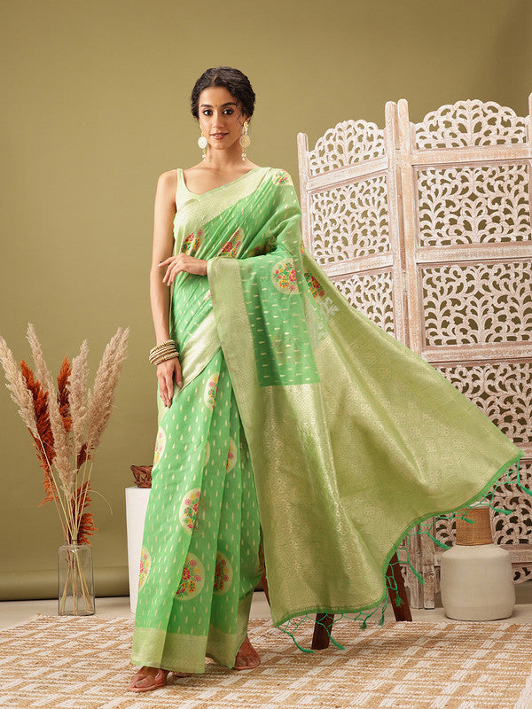 Green Cotton Woven Thread Floral Saree with Unstitched Blouse - Hiral Fashion