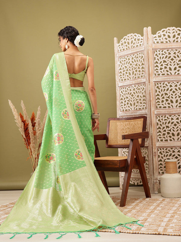 Green Cotton Woven Thread Floral Saree with Unstitched Blouse - Hiral Fashion