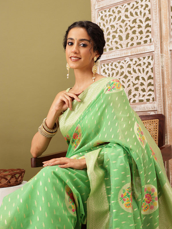 Green Cotton Woven Thread Floral Saree with Unstitched Blouse - Hiral Fashion