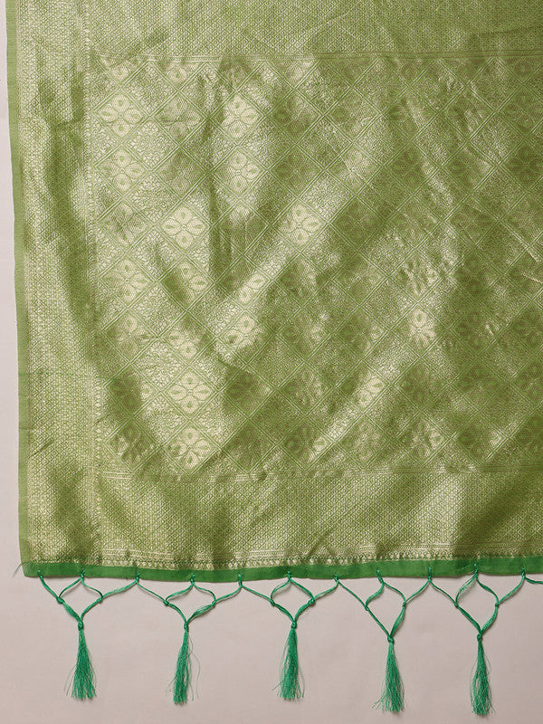 Green Cotton Woven Thread Floral Saree with Unstitched Blouse - Hiral Fashion