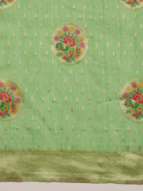 Green Cotton Woven Thread Floral Saree with Unstitched Blouse - Hiral Fashion
