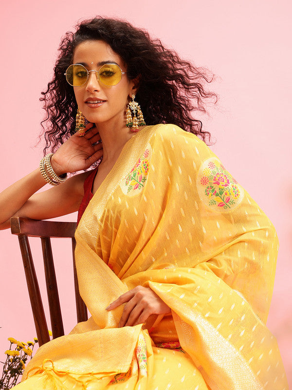 Mustard Cotton Woven Thread Floral Saree with Unstitched Blouse - Hiral Fashion