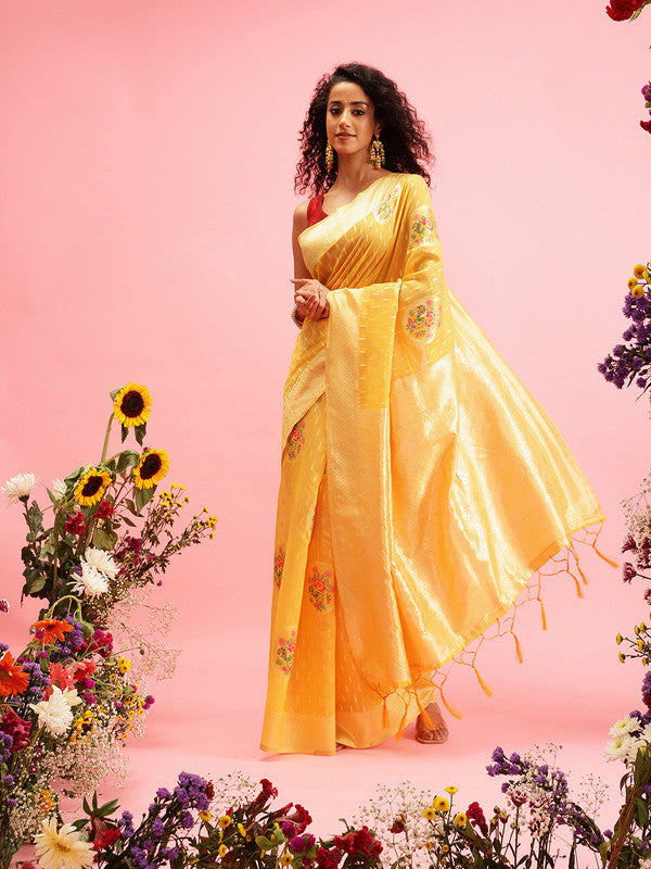 Mustard Cotton Woven Thread Floral Saree with Unstitched Blouse - Hiral Fashion
