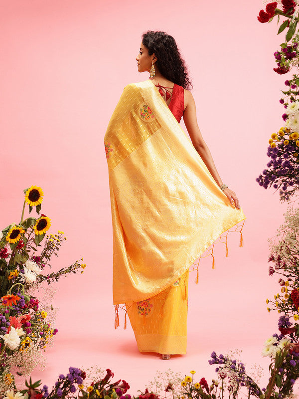 Mustard Cotton Woven Thread Floral Saree with Unstitched Blouse - Hiral Fashion