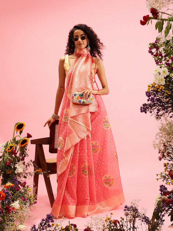 Pink Cotton Woven Thread Floral Saree with Unstitched Blouse - Hiral Fashion