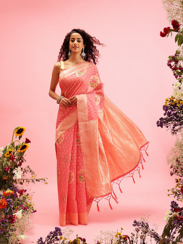Pink Cotton Woven Thread Floral Saree with Unstitched Blouse - Hiral Fashion