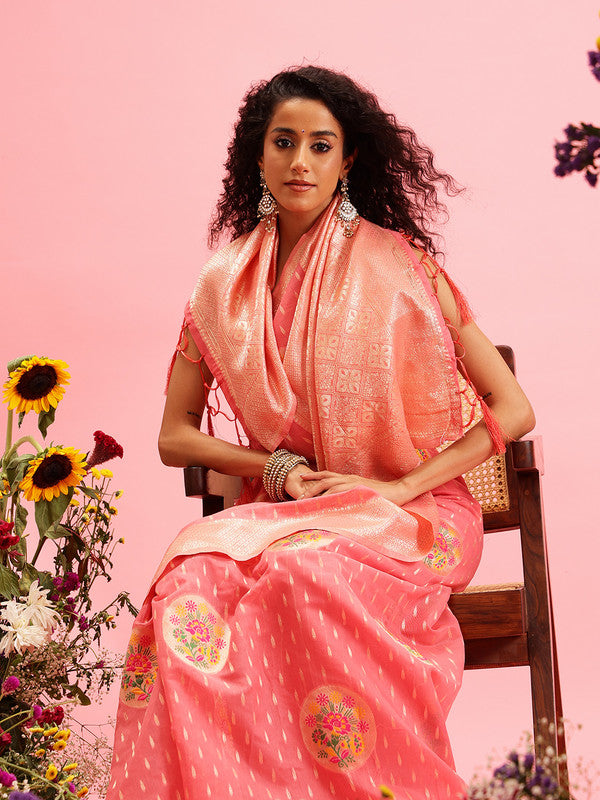 Pink Cotton Woven Thread Floral Saree with Unstitched Blouse - Hiral Fashion