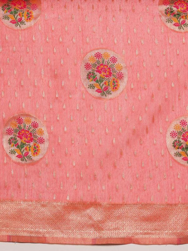 Pink Cotton Woven Thread Floral Saree with Unstitched Blouse - Hiral Fashion